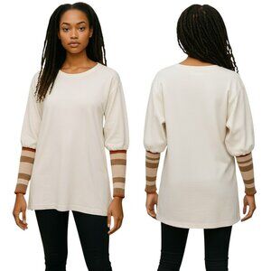 Free People Ribbed Cuff Long Sleeve Top M Cream Striped Knit Cotton